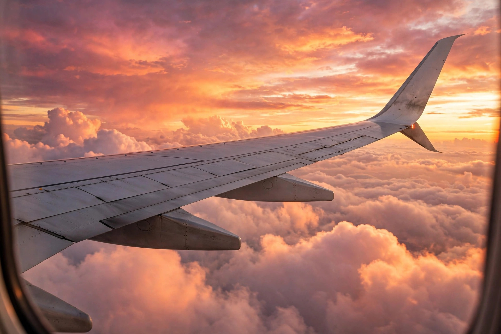 Airplane wing above clouds at sunset