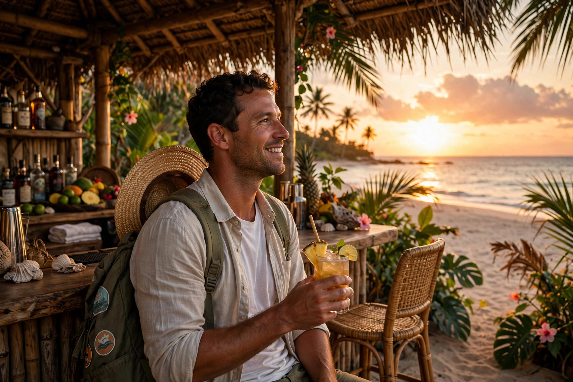 Traveller enjoying a sunset view with a cocktail