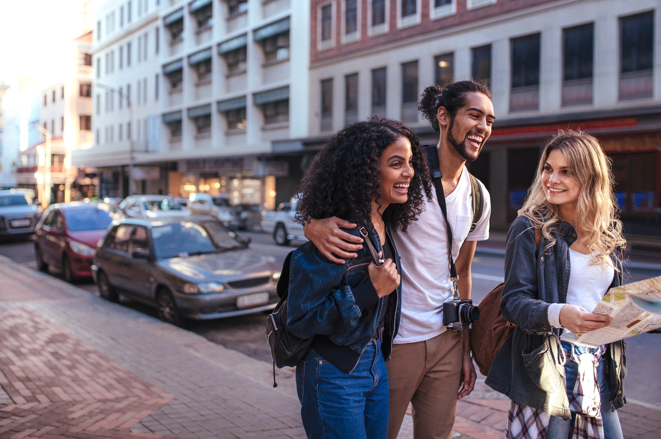 Travellers on a guided city walking tour