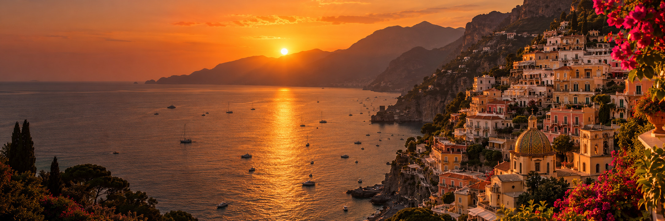 Mediterranean hillside town overlooking a bay at golden sunset